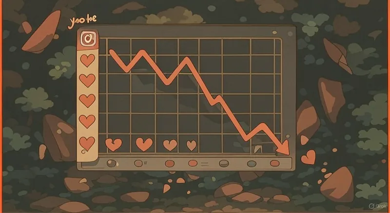 Instagram engagement graph showing declining likes against a cosmic background
